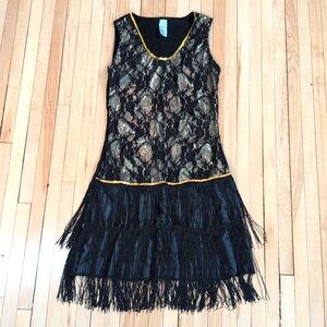 Gold & black lace flapper dress with fringe, small